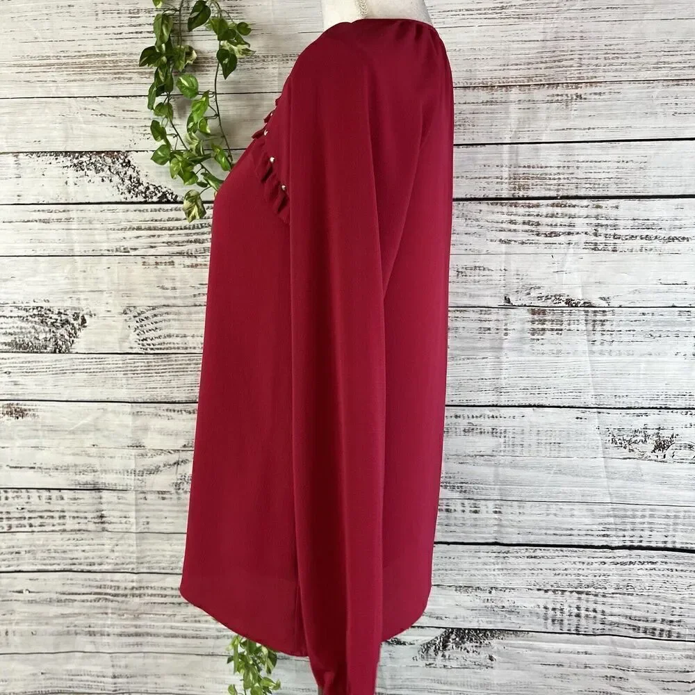 Michael Kors Tunic Blouse size Extra Small Dark Pink Crepe Ruffles Studs Bow Tie
